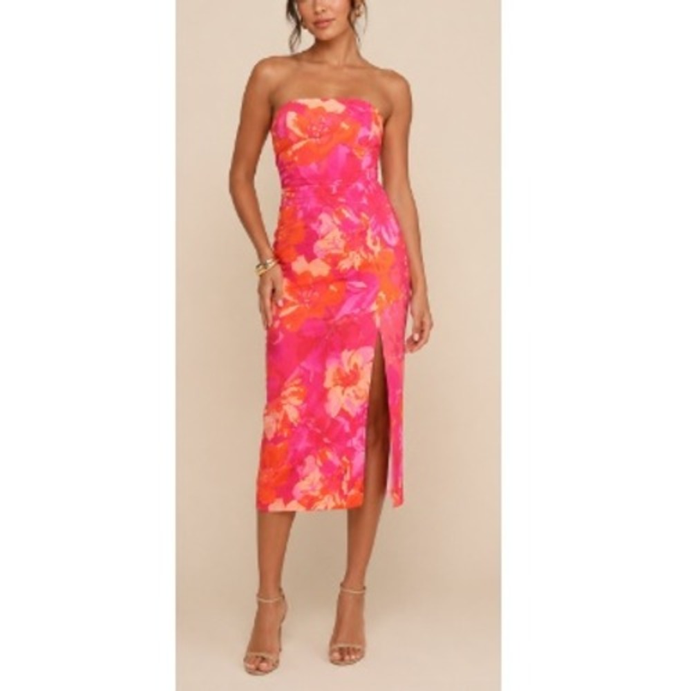 Lulus Fuchsia Floral Bold Tendencies Strapless Cutout Midi Dress Size M